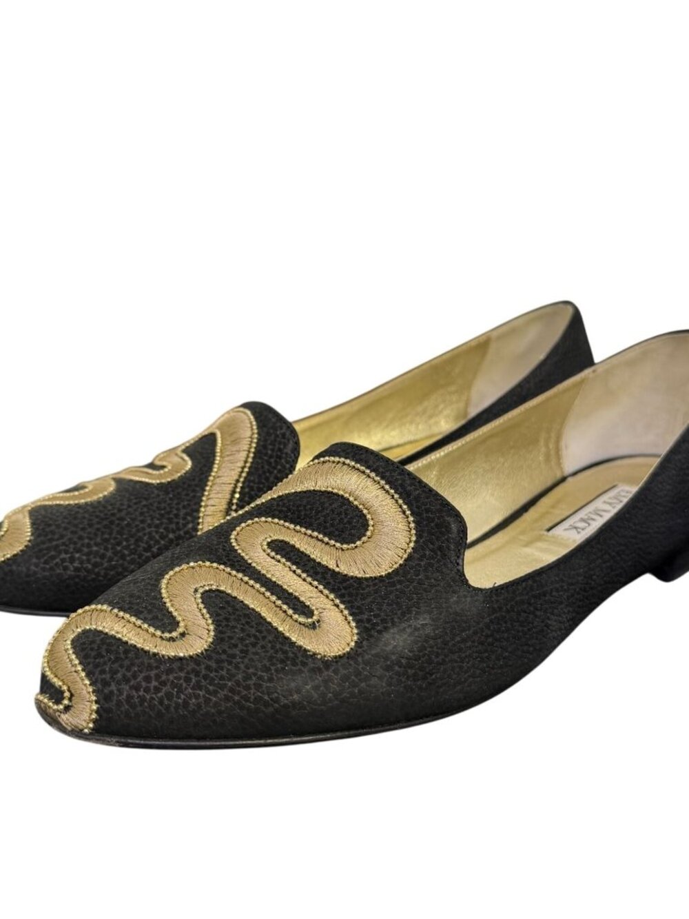 Emy Mack Black Leather Flats With Gold Embroidery & Low Heel 8.5